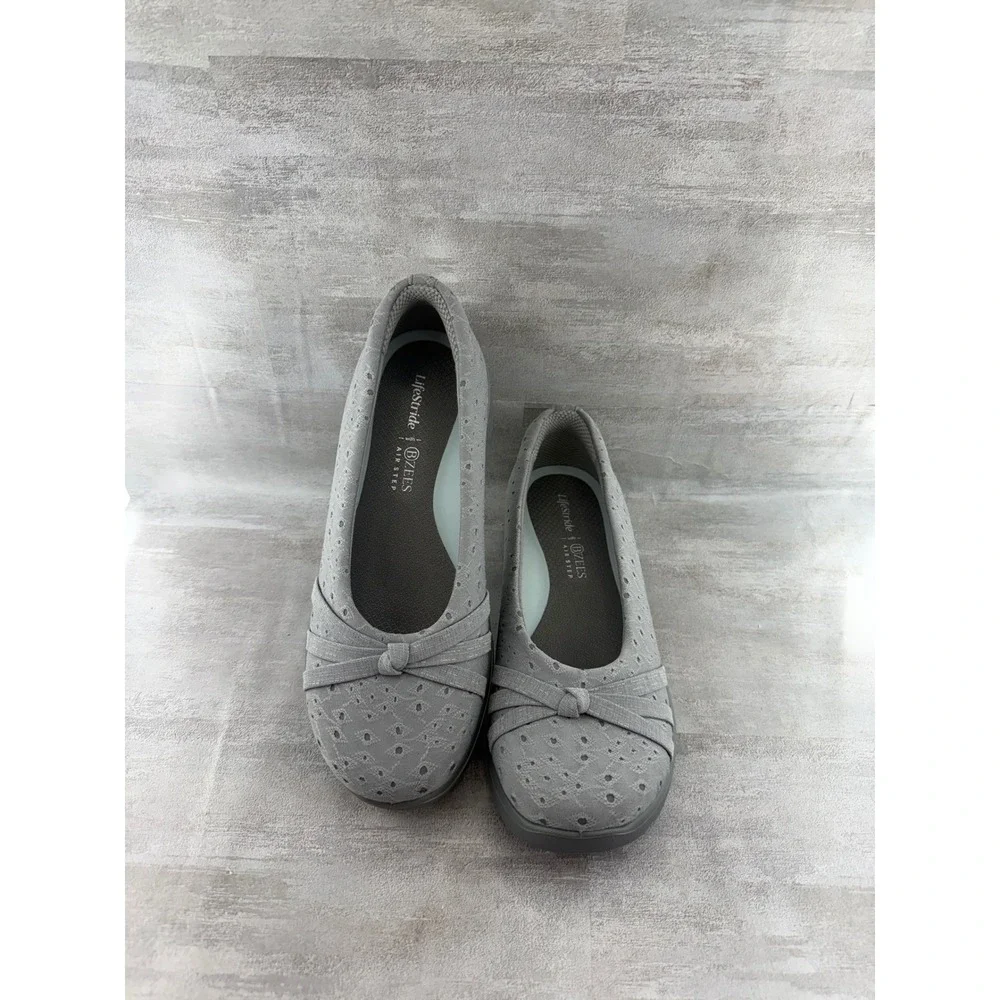 LifeStride BZees Air Step Gray Eyelet Bow Slip On Wedge Shoes Women Sz 7.5W GEM2